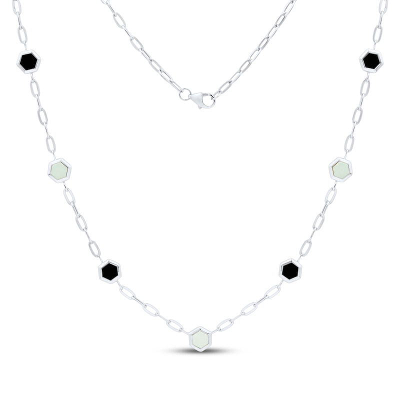 Main Image 1 of Mother-of-Pearl & Black Onyx Hexagon Station Necklace Sterling Silver 17&quot;