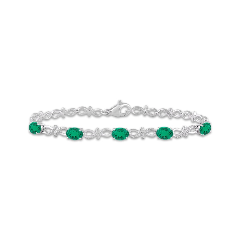 Main Image 1 of Oval-Cut Lab-Created Emerald & White Lab-Created Sapphire infinity Link Bracelet Sterling Silver 7.5&quot;