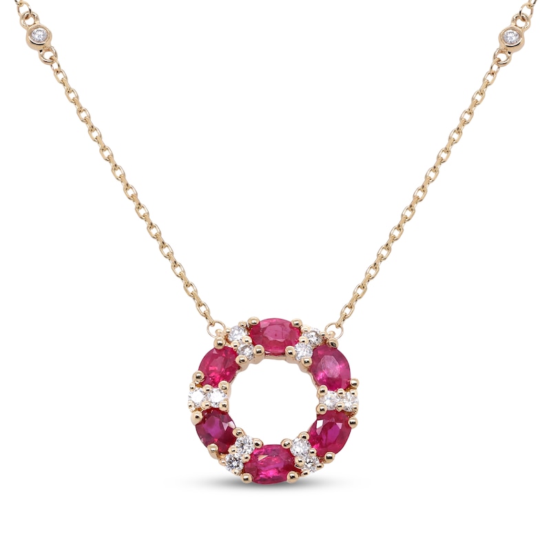 Main Image 1 of Oval-Cut Natural Ruby & Diamond Open Circle Necklace 1/4 ct tw 14K Yellow Gold 18&quot;