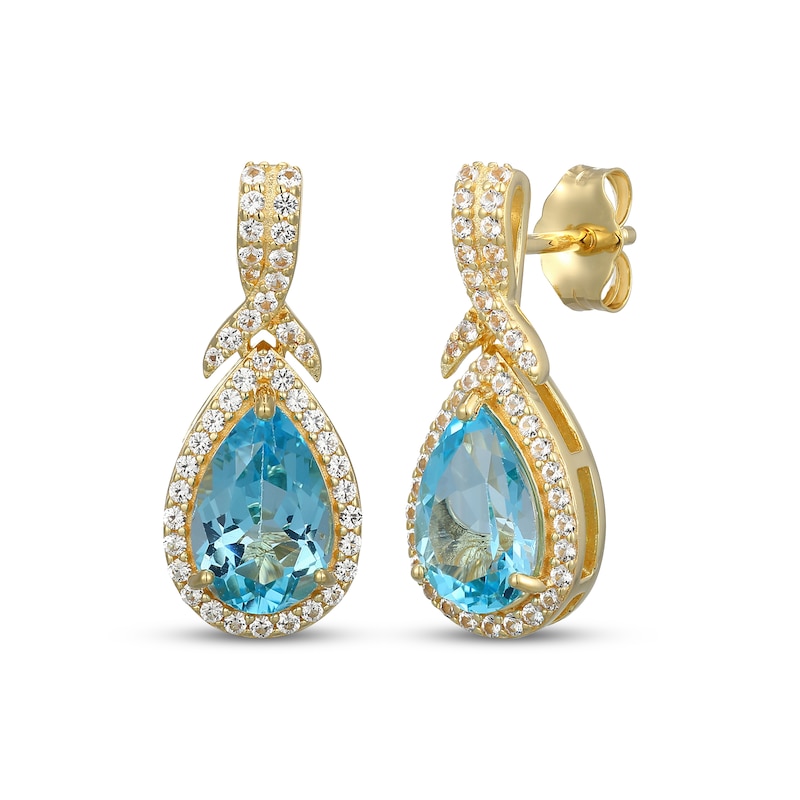 Main Image 1 of Pear-Shaped Swiss Blue Topaz & White Lab-Created Sapphire Drop Earrings 18K Yellow Gold-Plated Sterling Silver