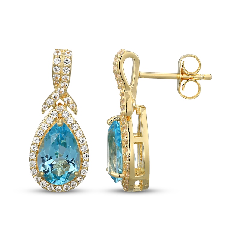 Main Image 3 of Pear-Shaped Swiss Blue Topaz & White Lab-Created Sapphire Drop Earrings 18K Yellow Gold-Plated Sterling Silver