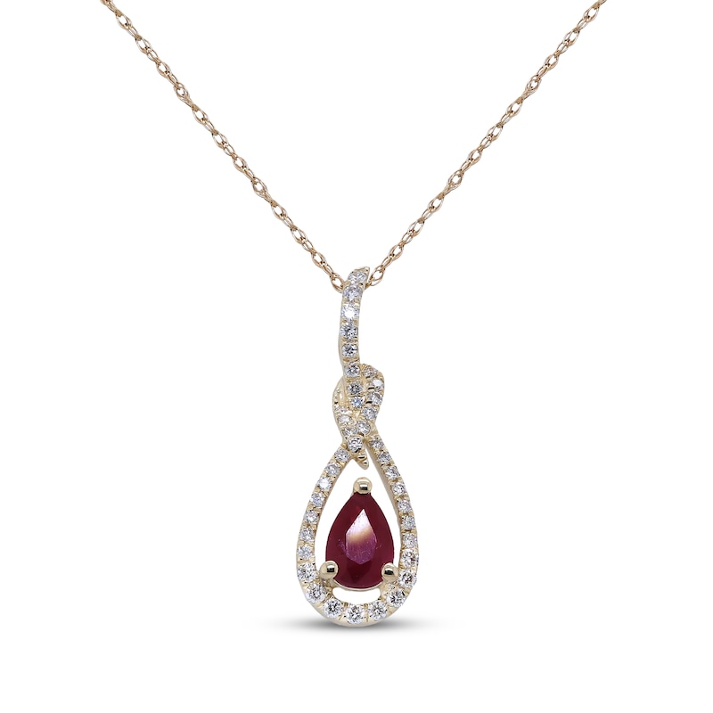 Main Image 1 of Pear-Shaped Natural Ruby & Diamond Teardrop Loop Necklace 1/5 ct tw 10K Yellow Gold 18&quot;