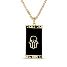 Men's Black Onyx & Diamond Accent Hamsa Necklace 10K Yellow Gold 22&quot;