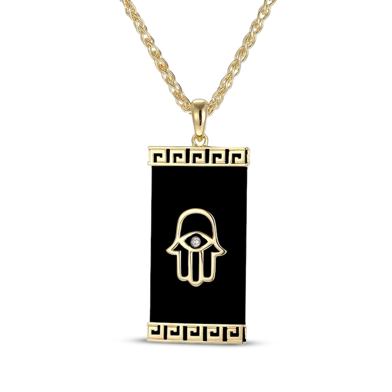 Main Image 1 of Men's Black Onyx & Diamond Accent Hamsa Necklace 10K Yellow Gold 22&quot;