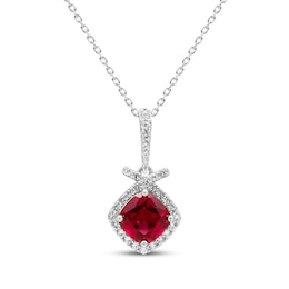 Cushion-Cut Lab-Created Ruby & White Lab-Created Sapphire Necklace Sterling Silver 18&quot;