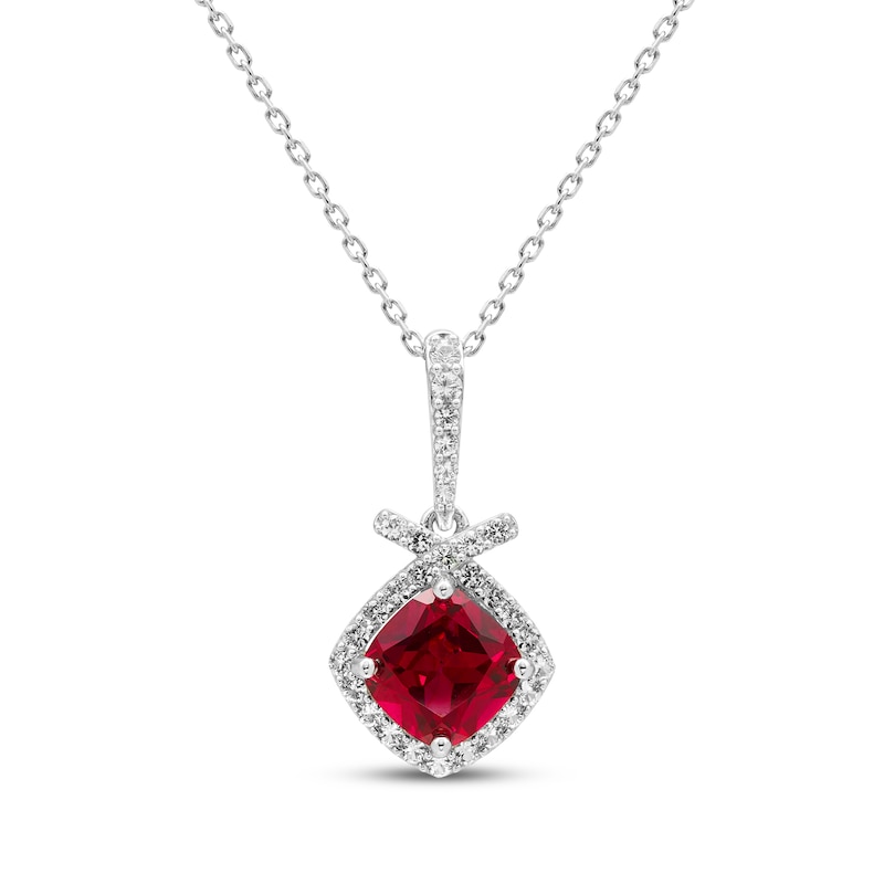 Main Image 1 of Cushion-Cut Lab-Created Ruby & White Lab-Created Sapphire Necklace Sterling Silver 18&quot;