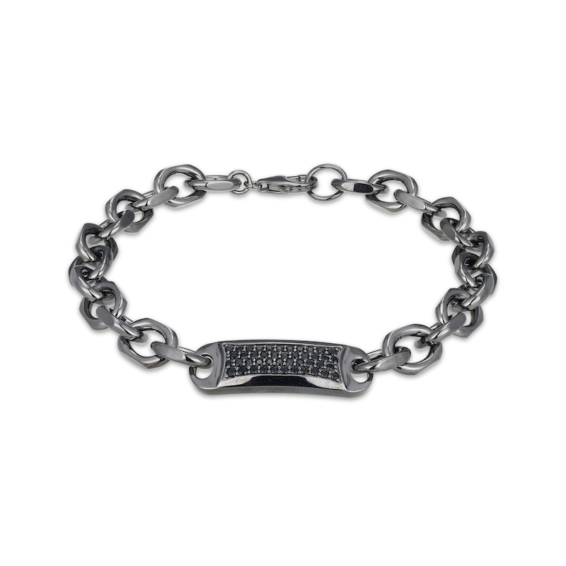 Main Image 1 of Men's Black Lab-Created Sapphire ID Bracelet Antique Finished Sterling Silver 8.5&quot;