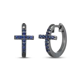 Men's Blue Lab-Created Sapphire Cross Huggie Hoop Earrings Antique Finished Sterling Silver