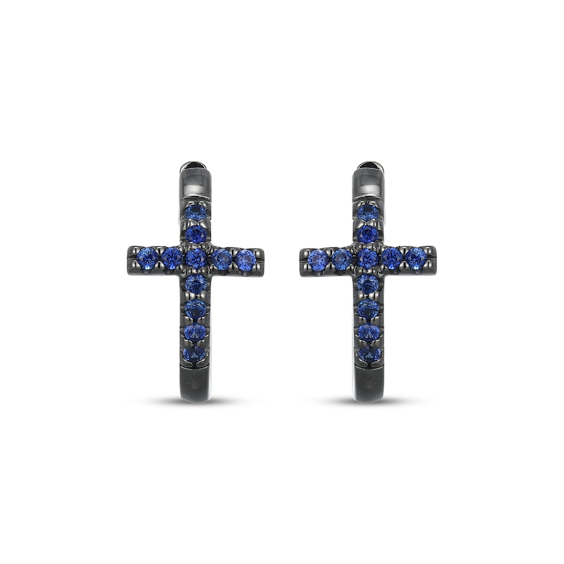 Main Image 2 of Men's Blue Lab-Created Sapphire Cross Huggie Hoop Earrings Antique Finished Sterling Silver