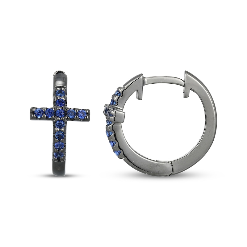 Main Image 3 of Men's Blue Lab-Created Sapphire Cross Huggie Hoop Earrings Antique Finished Sterling Silver