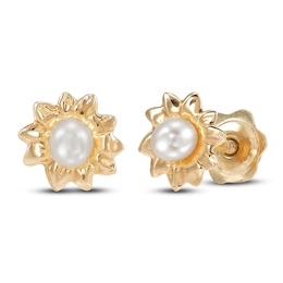 Children's Cultured Pearl Floral Stud Earrings 14K Yellow Gold