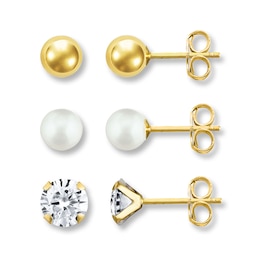 Cultured Pearls Cubic Zirconia 14K Yellow Gold Earring Set