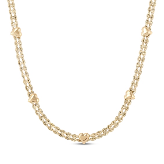 Heart Station Double Hollow Rope Chain Necklace 10K Yellow Gold 18"
