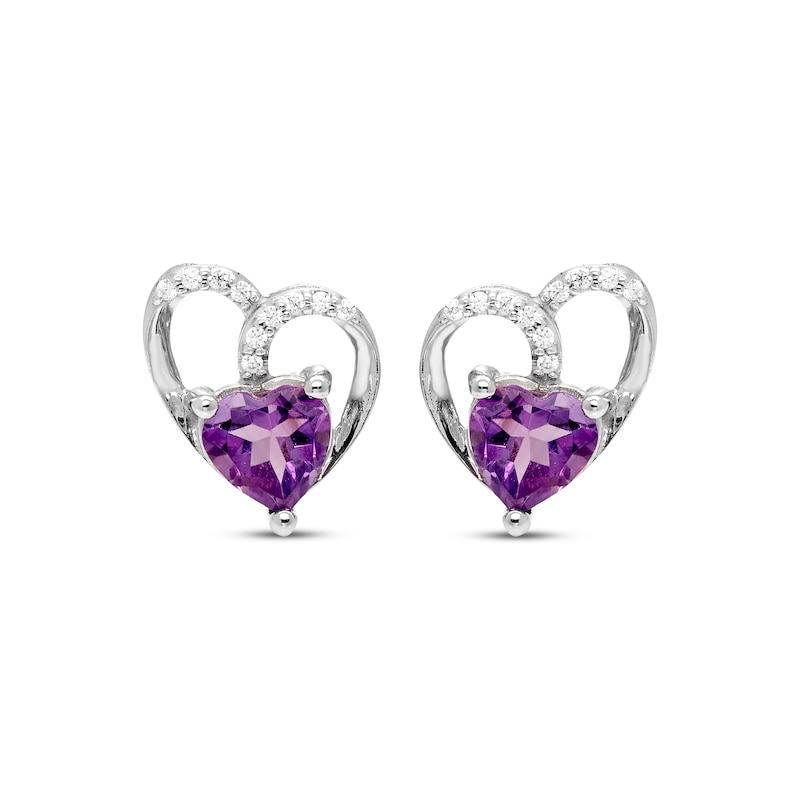 Main Image 2 of Heart-Shaped Amethyst & Diamond Heart Stud Earrings 1/20 ct tw Sterling Silver