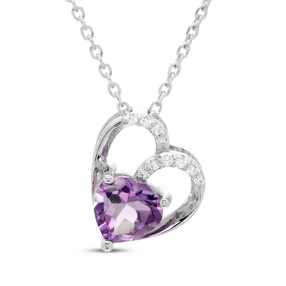 Heart-Shaped Amethyst & Diamond Heart Necklace 1/20 ct tw Sterling Silver 18"