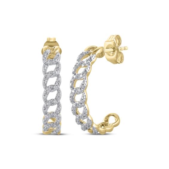 Diamond Cuban Curb Chain-Style Open Hoop Earrings 1/10 ct tw 10K Yellow Gold