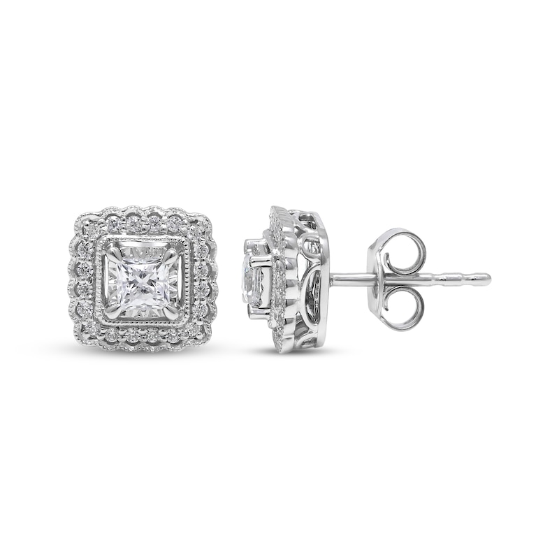 Main Image 1 of Princess-Cut Diamond Scallop Frame Stud Earrings 1/2 ct tw 10K White Gold