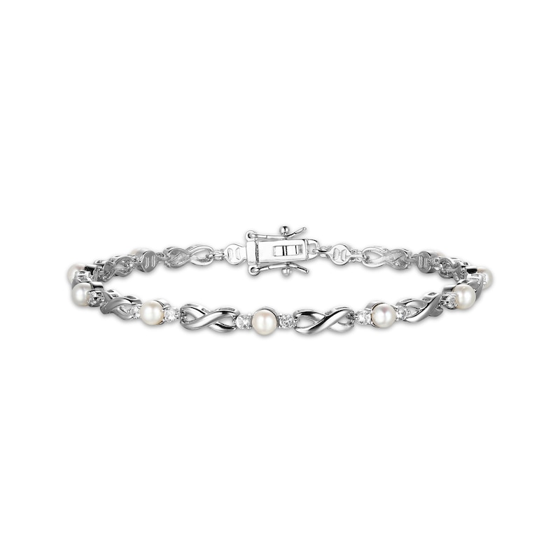 Main Image 1 of Cultured Pearl & White Lab-Created Sapphire Infinity Link Bracelet Sterling Silver 7.25&quot;