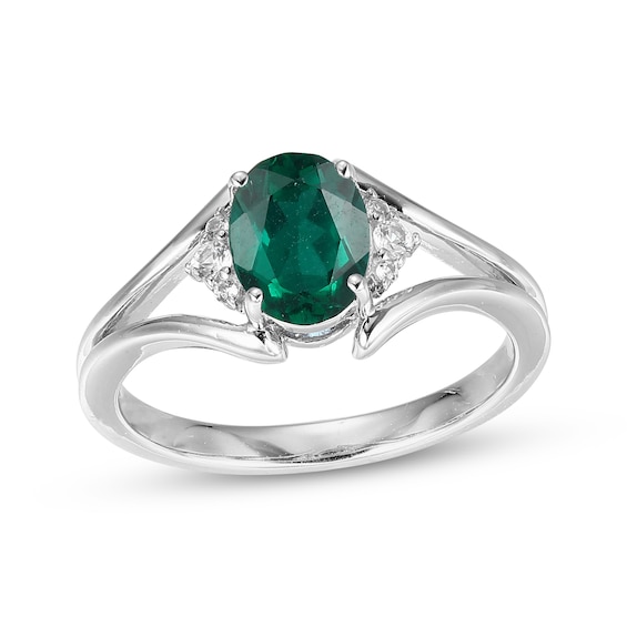 Oval-Cut Lab-Created Emerald & White Lab-Created Sapphire Ring Sterling Silver
