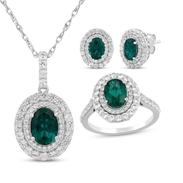 Oval-Cut Lab-Created Emerald & White Lab-Created Sapphire Gift Set Sterling Silver