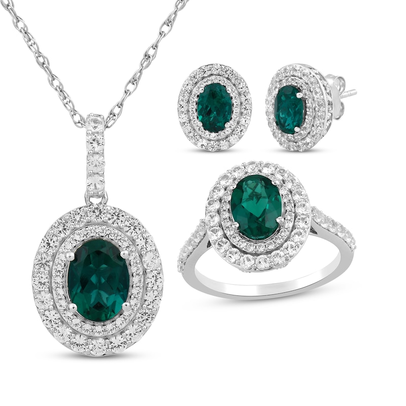 Main Image 1 of Oval-Cut Lab-Created Emerald & White Lab-Created Sapphire Gift Set Sterling Silver