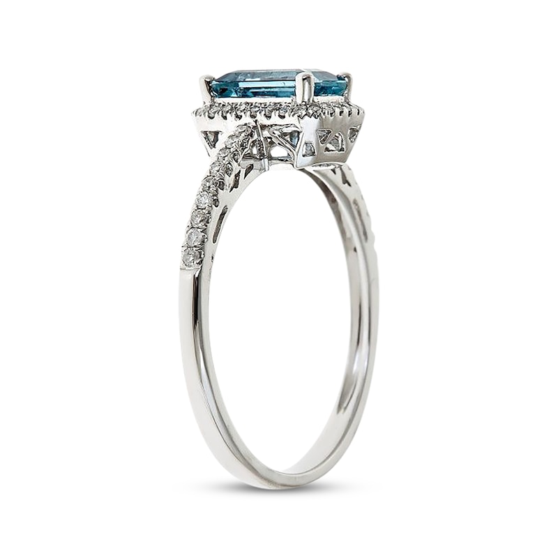 Emerald-Cut Aquamarine & Diamond Halo Ring 1/8 ct tw 10K White Gold