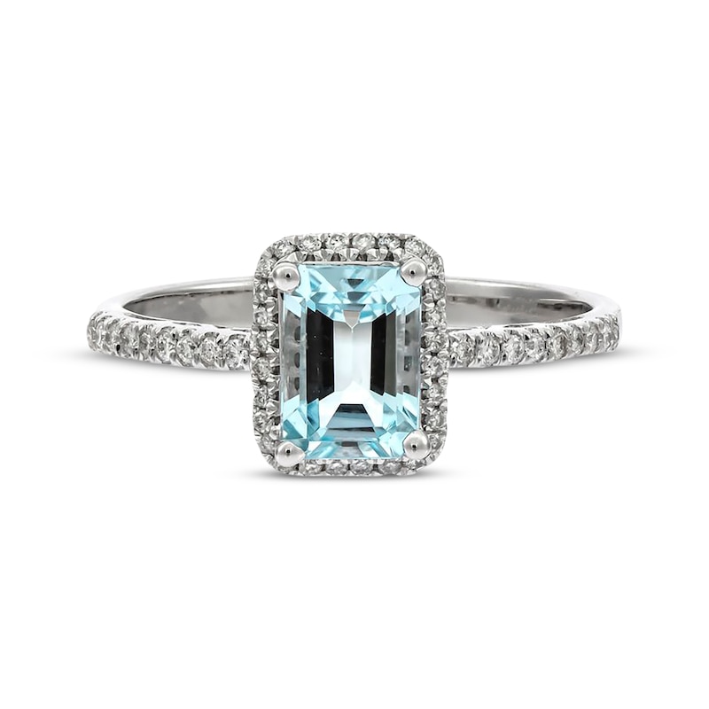 Emerald-Cut Aquamarine & Diamond Halo Ring 1/8 ct tw 10K White Gold