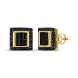 Men's Round & Baguette-Cut Black Diamond Square Stud Earrings 1 ct tw 10K Yellow Gold