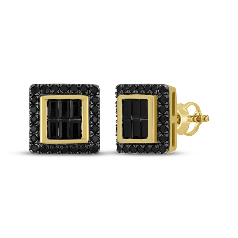 Main Image 1 of Men's Round & Baguette-Cut Black Diamond Square Stud Earrings 1 ct tw 10K Yellow Gold