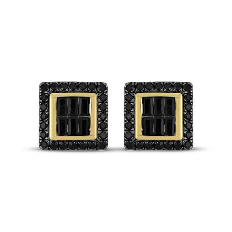 Main Image 2 of Men's Round & Baguette-Cut Black Diamond Square Stud Earrings 1 ct tw 10K Yellow Gold