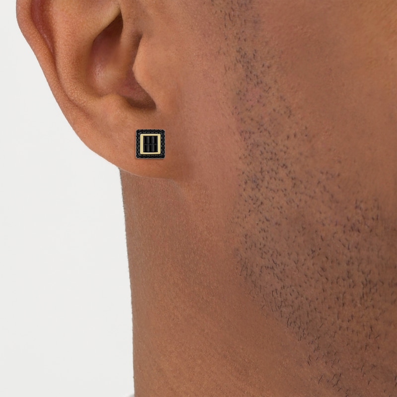 Main Image 3 of Men's Round & Baguette-Cut Black Diamond Square Stud Earrings 1 ct tw 10K Yellow Gold