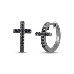 Men's Black Lab-Created Sapphire Cross Huggie Hoop Earrings Antique Finished Sterling Silver