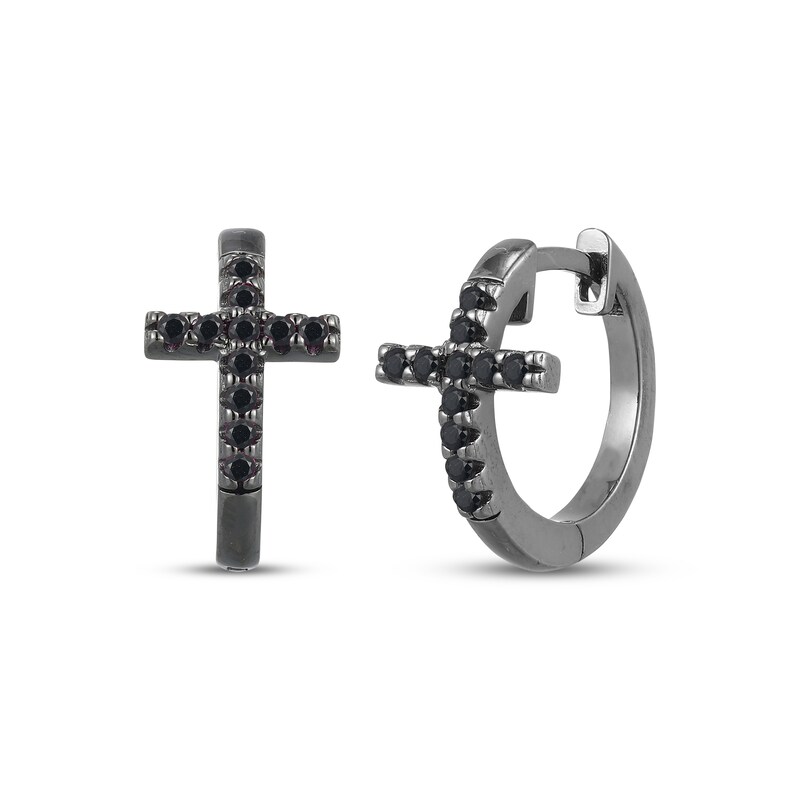 Main Image 1 of Men's Black Lab-Created Sapphire Cross Huggie Hoop Earrings Antique Finished Sterling Silver