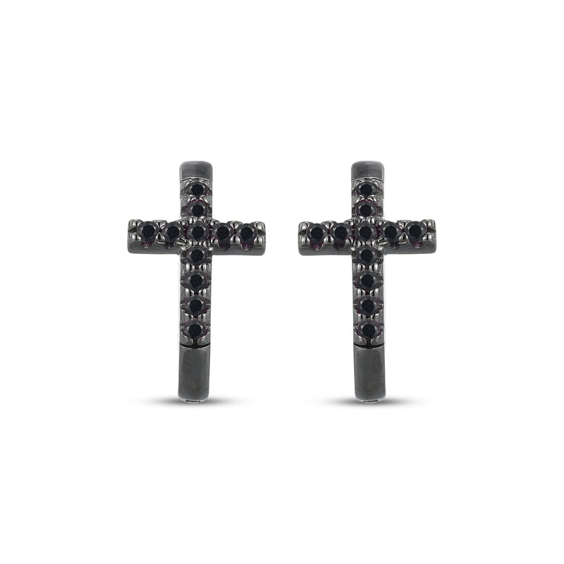 Main Image 2 of Men's Black Lab-Created Sapphire Cross Huggie Hoop Earrings Antique Finished Sterling Silver