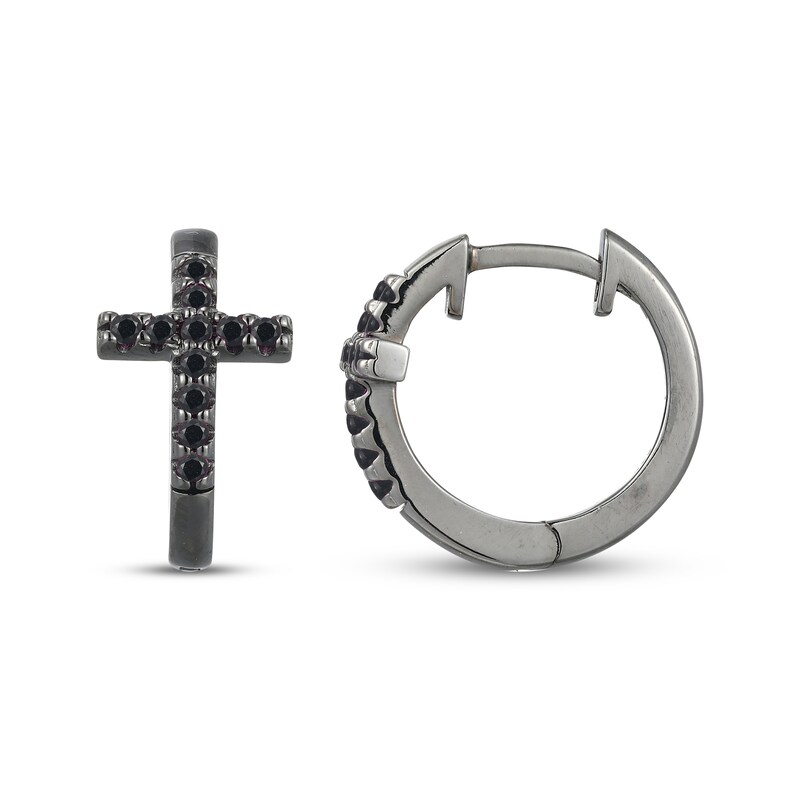 Main Image 3 of Men's Black Lab-Created Sapphire Cross Huggie Hoop Earrings Antique Finished Sterling Silver