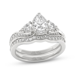 THE LEO Ideal Cut Diamond Pear-Shaped Three-Stone Bridal Set 1-1/8 ct tw 14K White Gold