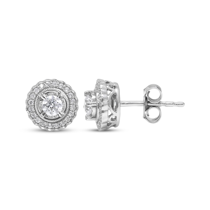 Main Image 1 of Diamond Scallop Halo Stud Earrings 1/2 ct tw 10K White Gold