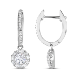 Diamond Halo Dangle Hoop Earrings 5/8 ct tw 14K White Gold