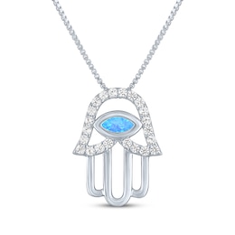 Blue Lab-Created Opal & White Lab-Created Sapphire Evil Eye Hamsa Necklace Sterling Silver 18&quot;