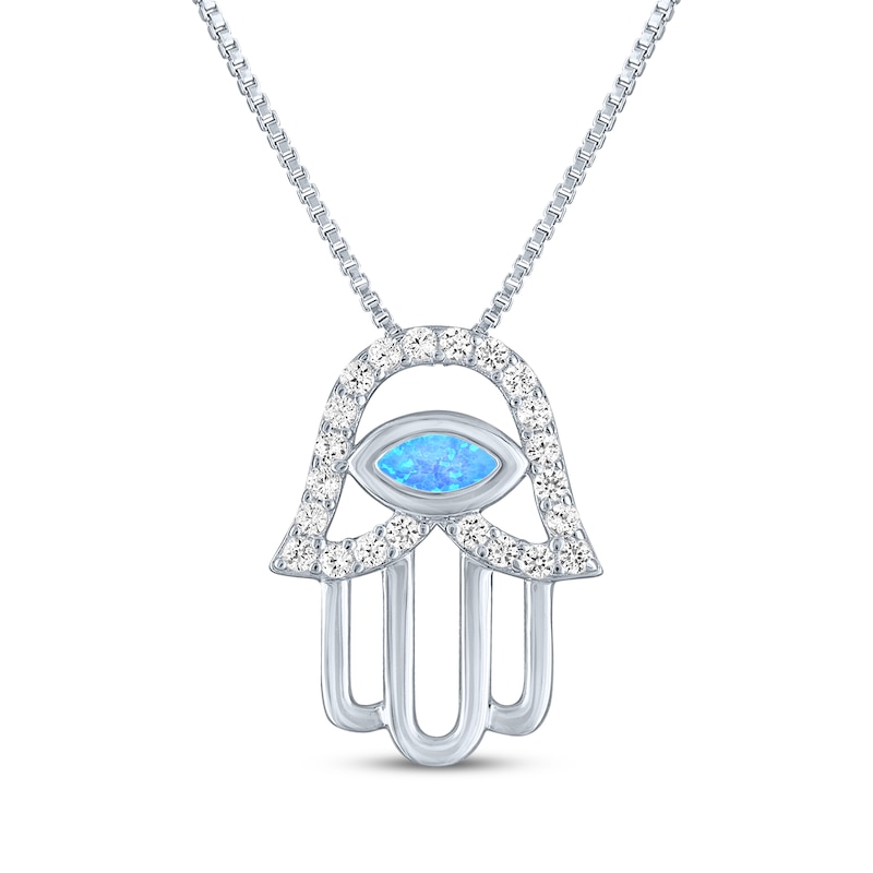 Main Image 1 of Blue Lab-Created Opal & White Lab-Created Sapphire Evil Eye Hamsa Necklace Sterling Silver 18&quot;