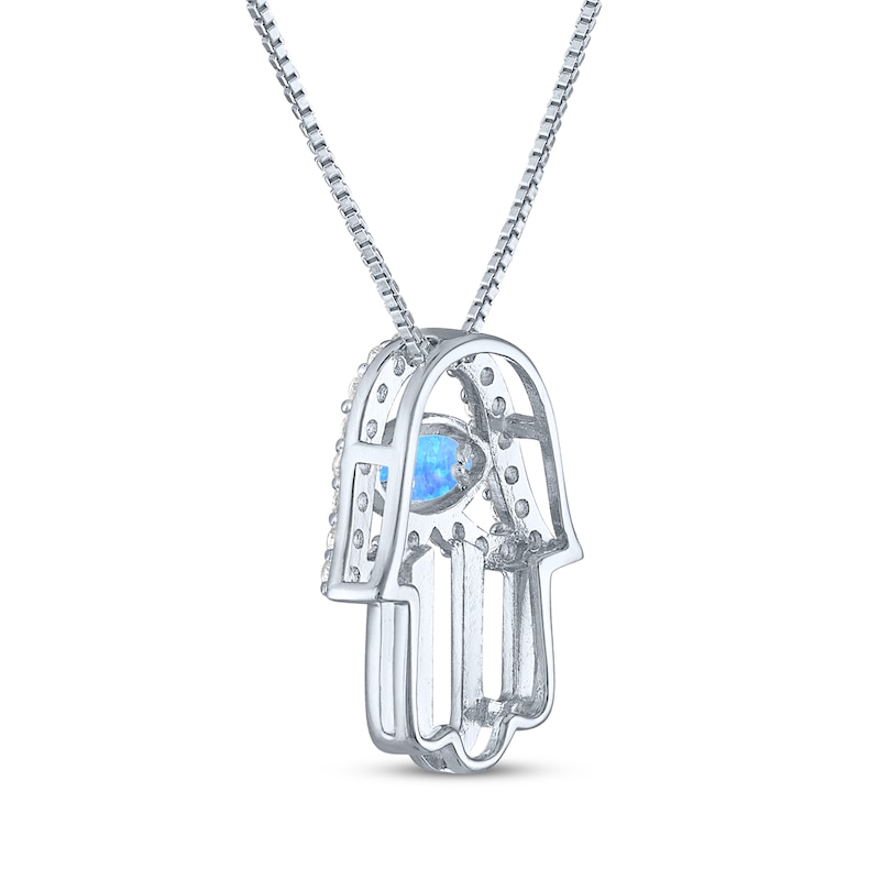 Main Image 3 of Blue Lab-Created Opal & White Lab-Created Sapphire Evil Eye Hamsa Necklace Sterling Silver 18&quot;