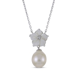 Cultured Pearl, White Lab-Created Sapphire & Mother-of-Pearl Flower Necklace Sterling Silver 18&quot;