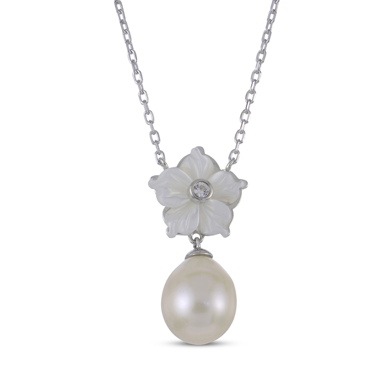 Main Image 1 of Cultured Pearl, White Lab-Created Sapphire & Mother-of-Pearl Flower Necklace Sterling Silver 18&quot;