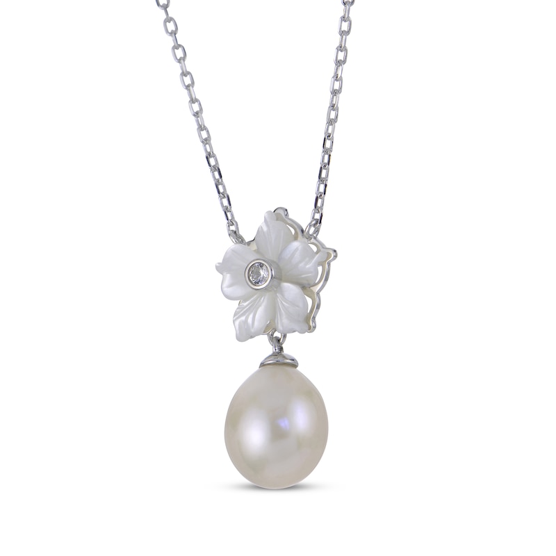 Main Image 2 of Cultured Pearl, White Lab-Created Sapphire & Mother-of-Pearl Flower Necklace Sterling Silver 18&quot;