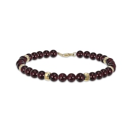 Men's Garnet Bead Bracelet 10K Yellow Gold 8.5&quot;