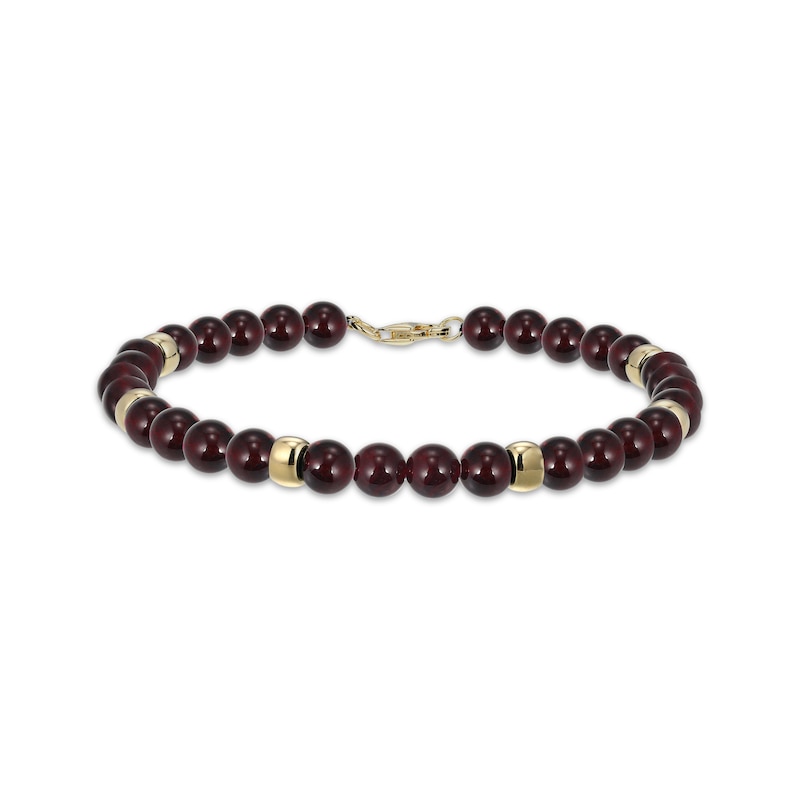 Main Image 1 of Men's Garnet Bead Bracelet 10K Yellow Gold 8.5&quot;