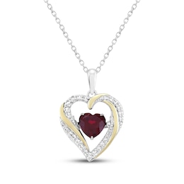 Heart-Shaped Lab-Created Ruby & White Lab-Created Sapphire Heart Necklace Sterling Silver & 10K Yellow Gold 18&quot;