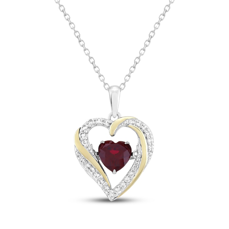 Main Image 1 of Heart-Shaped Lab-Created Ruby & White Lab-Created Sapphire Heart Necklace Sterling Silver & 10K Yellow Gold 18&quot;