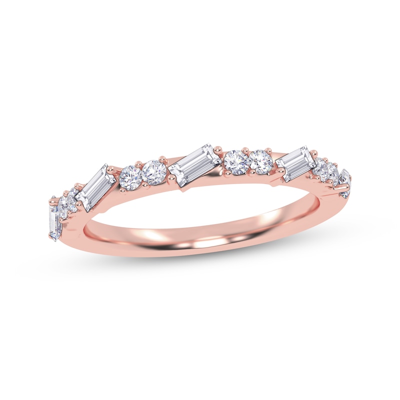 Main Image 1 of Tilted Baguette & Round-Cut Alternating Diamond Anniversary Ring 1/3 ct tw 14K Rose Gold