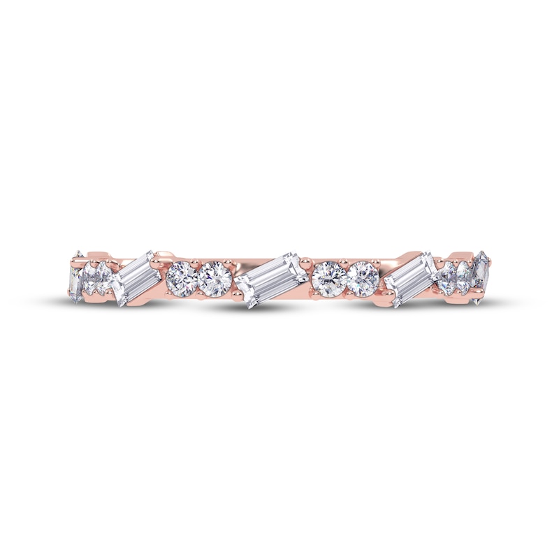 Main Image 3 of Tilted Baguette & Round-Cut Alternating Diamond Anniversary Ring 1/3 ct tw 14K Rose Gold